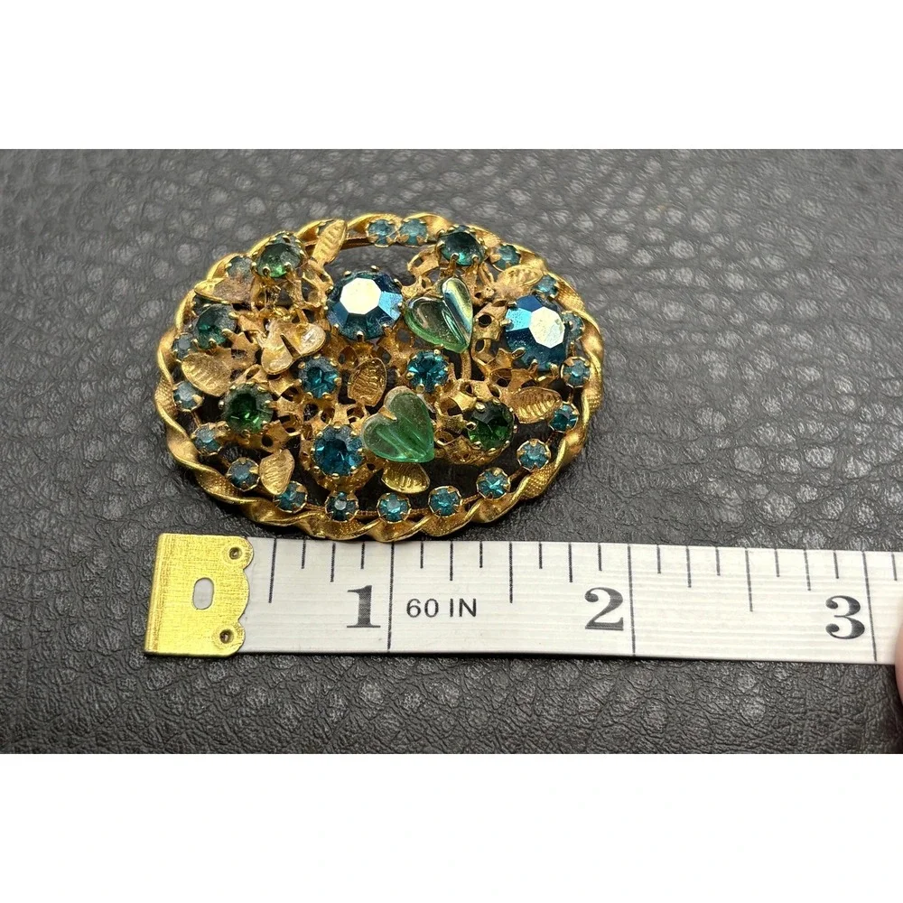 VTG Austria Gold Tone Filigree Brooch Blue Green Heart Rhinestone Pin READ